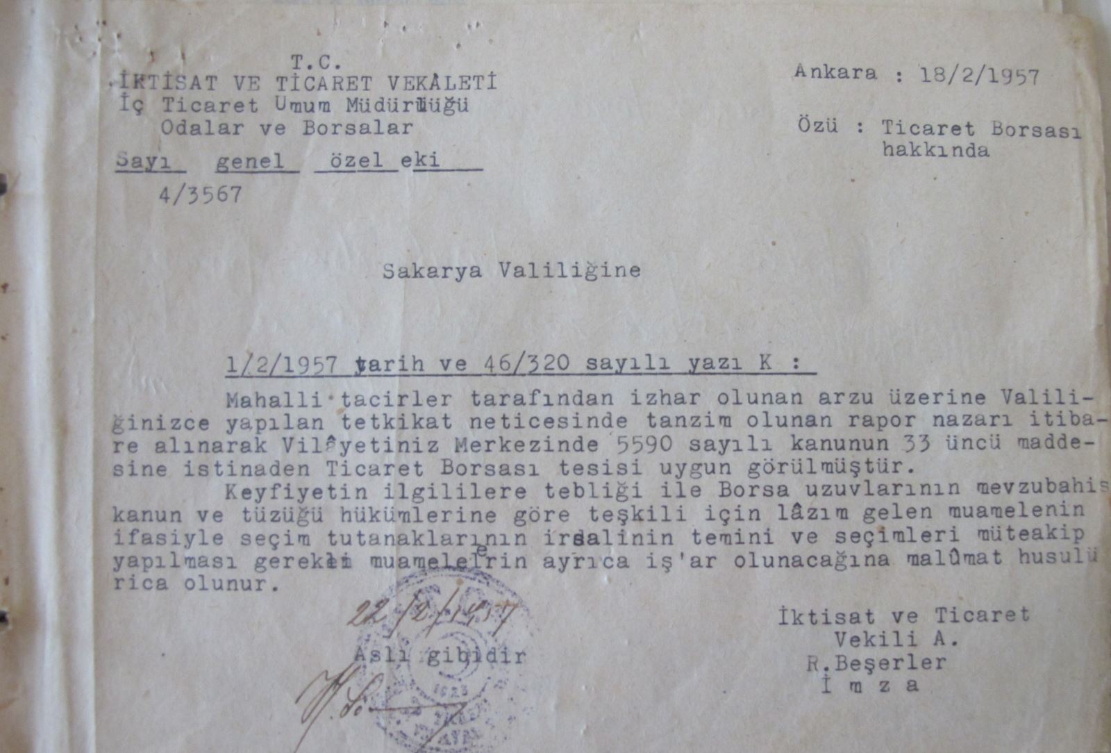 Sakarya Ticaret Borsası’nın ikinci kuruluş belgesi